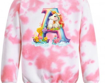 Children's summer outfit. 3 piece set. PINK Alphabet Unicorns Tie Dye. Shorts, Tshirt and Sweatshirt set.