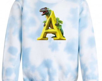 Children's summer outfit. 3 piece set. BLUE Alphabet Dinosaur Tie Dye Shorts, Tshirt and Sweatshirt set.