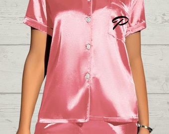 Silky pyjamas.  PINK short sleeve/leg. Adults. Personalised.