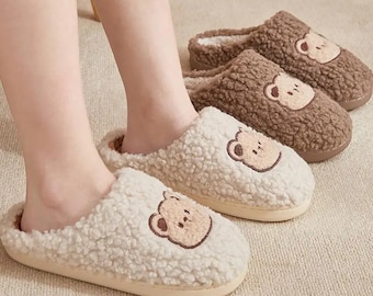 Cute Bear Design Winter Plush Slippers for Couples - Non-Slip Soft Indoor Slides