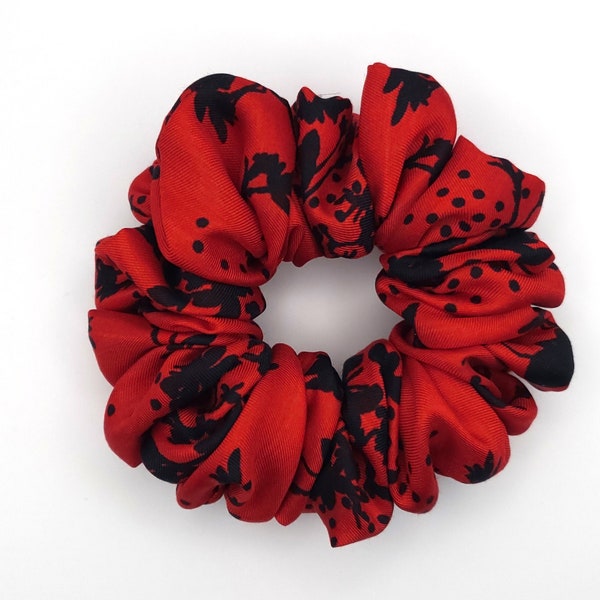 Chic and Elegant Red Scrunchies with Black Floral Prints, Soft and Stylish Hair Accessory, Birthday Gift for Girlfriend