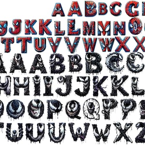 Letras del alfabeto de Spider-Man y Venom / Fuente de superhéroe PNG SVG / Descarga digital para decoración de fiestas de cumpleaños, manualidades y sublimación