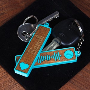May include: Two wooden keychains with a blue and white design. One keychain says "Sarah" and the other has a musical note design. The keychains are attached to a silver key ring.