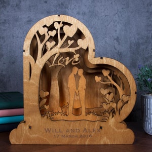 Personalised Heart-Shaped Shadow Light Box, Gay Male Couple in a Forest of Hearts ,Gift for Weddings, Anniversary, Valentine's Day, Gay Gift