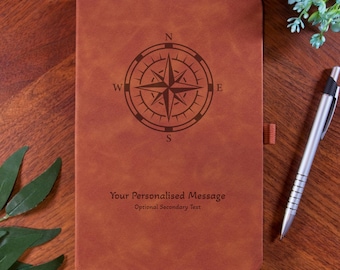 Personalised Compass Journal: A5 Hardcover Travel Notebook, Laser Engraved PU Leather.