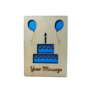Houten ballon en taart gepersonaliseerd, feest, verjaardag, jubileum, lasergesneden kaart