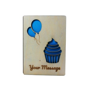 Globo de madera y pastel de taza personalizado, celebración, cumpleaños, aniversario, tarjeta cortada con láser