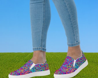 Neon Rainbow Women’s Slip-On Canvas Shoes • Bright Colorful Casual Shoe • Digital Art Print Slipons • Comfy Walking Shoe • Artsy Slippers