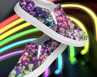 Splatter Paint • Women’s Slip-On Canvas Shoes • Original Abstract Art Print • Unique Colorful Casual Flats • Artsy Slip On Sneakers