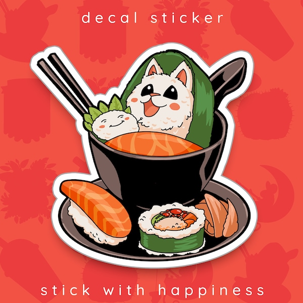 Cute Sushi Cat - Vinyl Decal Sticker | Charming, Durable & Waterproof, Purr-fect for Kawaii Asian Cuisine Lovers and Feline Enthusiasts