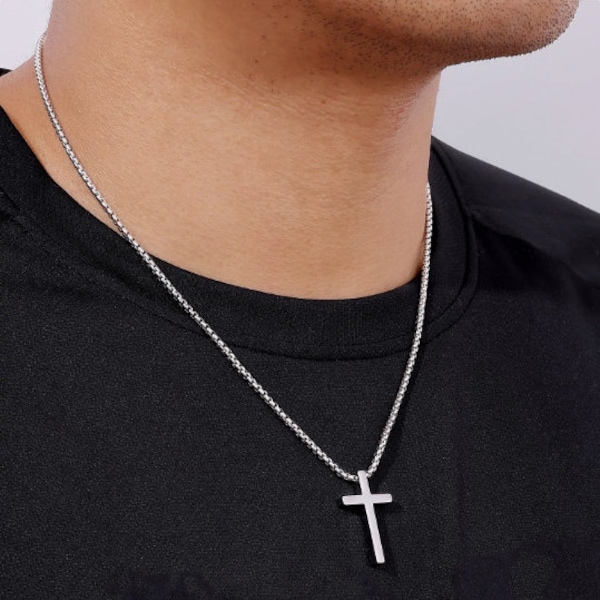 Collier pendentif croix en argent sterling pour homme sur chaîne en argent 925 - cadeaux de confirmation, première communion. Bijoux homme