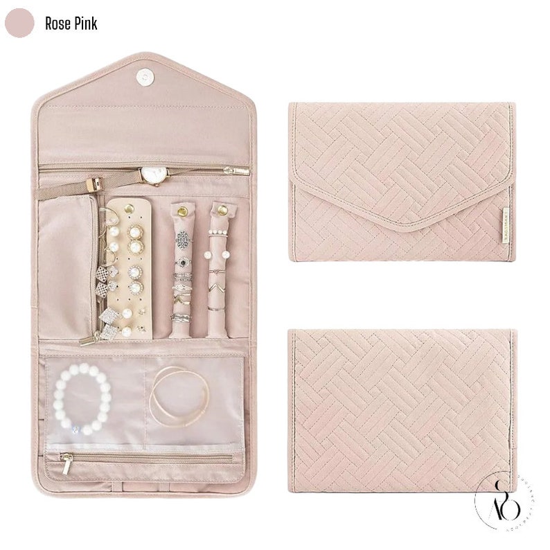 Organiseur de rouleaux de bijoux pliable pour femme, étui à bijoux portable pour elle, rangement de bijoux en déplacement pour fille. Bagues, bracelets. Rose Pink