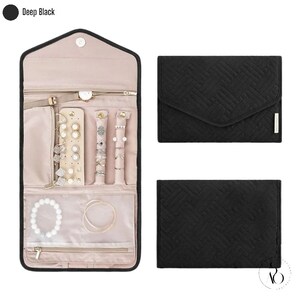 Organiseur de rouleaux de bijoux pliable pour femme, étui à bijoux portable pour elle, rangement de bijoux en déplacement pour fille. Bagues, bracelets. Deep Black