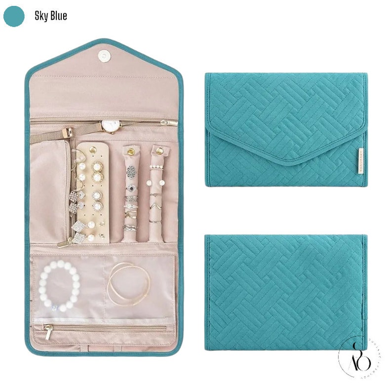 Organiseur de rouleaux de bijoux pliable pour femme, étui à bijoux portable pour elle, rangement de bijoux en déplacement pour fille. Bagues, bracelets. Sky Blue