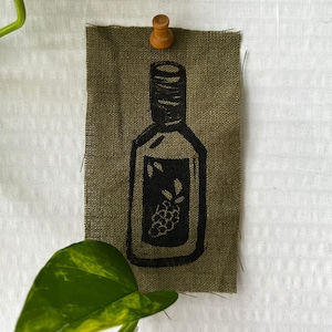 Handmade Block Printed Linen Patch Individual Punk Linocut Print of Wine Bottle