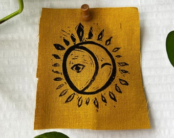 Handmade Block Printed Linen Patch Individual Punk Linocut Print of Sun and Moon Duo