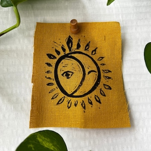 Handmade Block Printed Linen Patch Individual Punk Linocut Print of Sun and Moon Duo