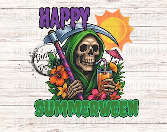 Happy Summerween PNG Digital Download, Summer Halloween PNG with Grim Reaper w Tropical Drink, Halloween Summer Sublimation Print File PNG