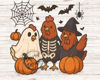 Halloween Chickens PNG Digital Download, Halloween PNG with Chickens in Costumes, Halloween Chickens Sublimation Print File PNG