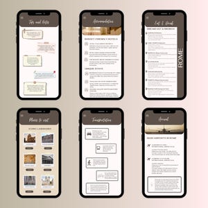 K&ouml;nnte beinhalten: Sechs Smartphones mit Reiseinformationen. Die Bildschirme zeigen Kategorien wie "Tipps und Notizen", "Unterkunft", "Essen & Trinken", "Sehensw&uuml;rdigkeiten", "Transport" und "Ankunft". Der Bildschirm "Essen & Trinken" listet Fr&uuml;hst&uuml;cks- und Brunch-Lokale in Rom auf.