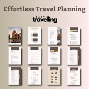 K&ouml;nnte beinhalten: Eine Sammlung von Reiseplanungs-Vorlagen mit dem Text "Effortless Travel Planning" und "Easy Travelling". Die Vorlagen zeigen Bilder des Kolosseums und andere reisebezogene Grafiken. Das Farbschema ist neutral mit braunen und beigen Akzenten.