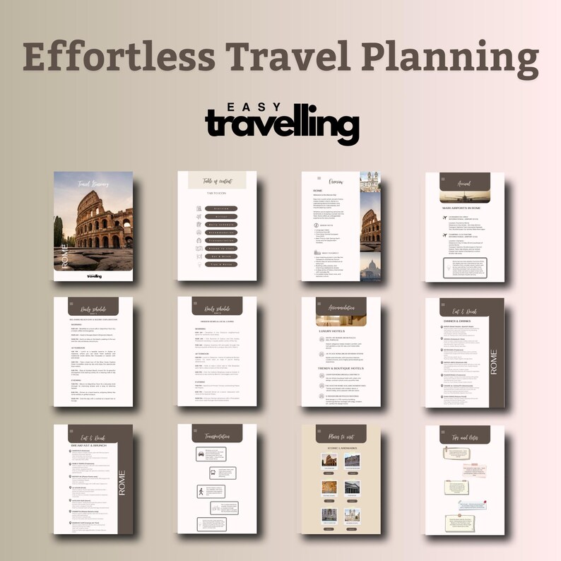 K&ouml;nnte beinhalten: Eine Sammlung von Reiseplanungs-Vorlagen mit dem Text "Effortless Travel Planning" und "Easy Travelling". Die Vorlagen zeigen Bilder des Kolosseums und andere reisebezogene Grafiken. Das Farbschema ist neutral mit braunen und beigen Akzenten.