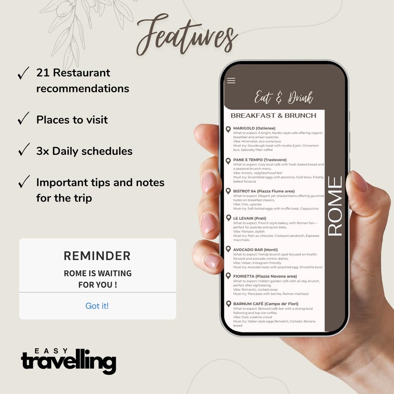 K&ouml;nnte beinhalten: Ein Smartphone-Bildschirm, der eine Reise-App mit Restaurantempfehlungen, Sehensw&uuml;rdigkeiten, Tagespl&auml;nen und Reisetipps anzeigt. Die App tr&auml;gt den Titel "Eat & Drink" und bietet einen Bereich "Breakfast & Brunch". Die App ist mit "Easy Travelling" beschriftet.