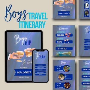 May include: A digital travel itinerary for a "Boys Trip" to Mallorca, Spain, displayed on a tablet and smartphone. The design features a blue and white color scheme with text that reads "Boys Travel Itinerary" and "The Getaway". The trip is scheduled for 5 days in July.