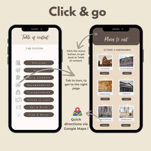 K&ouml;nnte beinhalten: Zwei Smartphones, die eine Reise-App-Oberfl&auml;che anzeigen. Eines zeigt ein Inhaltsverzeichnis mit Symbolen, das andere hebt ber&uuml;hmte Wahrzeichen hervor. Pfeile zeigen die Navigation an, mit dem Text "Click & go" und "Quick directions via Google Maps!"