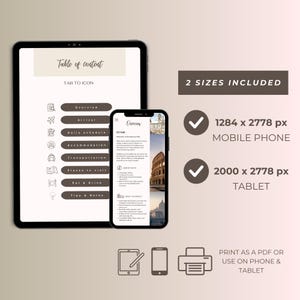 K&ouml;nnte beinhalten: Ein digitaler Reisef&uuml;hrer, der auf einem Tablet und Smartphone angezeigt wird. Das Tablet zeigt ein Inhaltsverzeichnis, w&auml;hrend das Telefon eine Reiseroute mit einem Foto des Kolosseums anzeigt. Der Text lautet "2 Gr&ouml;&szlig;en enthalten" und "Als PDF drucken oder auf Telefon & Tablet verwenden."
