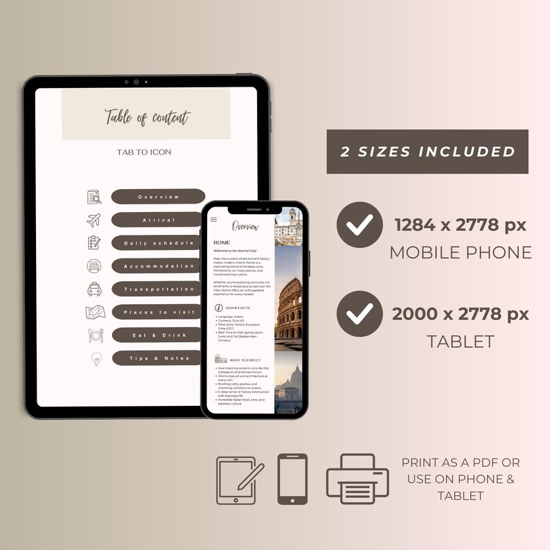 K&ouml;nnte beinhalten: Ein digitaler Reisef&uuml;hrer, der auf einem Tablet und Smartphone angezeigt wird. Das Tablet zeigt ein Inhaltsverzeichnis, w&auml;hrend das Telefon eine Reiseroute mit einem Foto des Kolosseums anzeigt. Der Text lautet "2 Gr&ouml;&szlig;en enthalten" und "Als PDF drucken oder auf Telefon & Tablet verwenden."