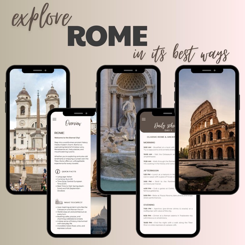 K&ouml;nnte beinhalten: Ein Werbebild mit dem Text "explore ROME in its best ways". Das Bild zeigt mehrere Smartphones, die Reiseinformationen &uuml;ber Rom anzeigen, darunter historische St&auml;tten und Tagesabl&auml;ufe. Der Hintergrund ist ein Farbverlauf aus Beige und Rosa.