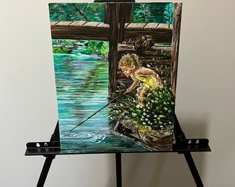 Original, one of a kind, Acrylic Painting of young child fishing