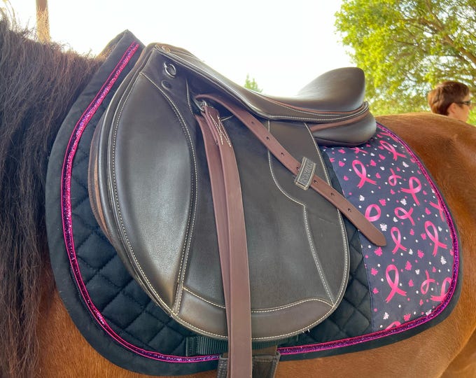 Featured listing image: Black and pink mixed saddle pad with Pink October pattern for horse or pony size D (COB) - customizable with embroidered first name