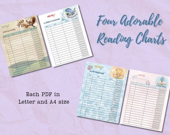 May include: Four printable reading charts with cute illustrations. Each chart has a different theme: a squirrel jumping, a whale, a mermaid, and a book. The charts are designed to track reading progress with columns for date, title, author, and reading time.