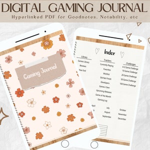 May include: A digital gaming journal with a floral pattern on the cover. The journal is open to a page with an index that includes sections for library, trackers, and challenges. The text "Digital Gaming Journal" is at the top of the page.