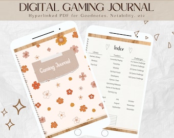 May include: A digital gaming journal with a floral pattern on the cover. The journal is open to a page with an index that includes sections for library, trackers, and challenges. The text "Digital Gaming Journal" is at the top of the page.