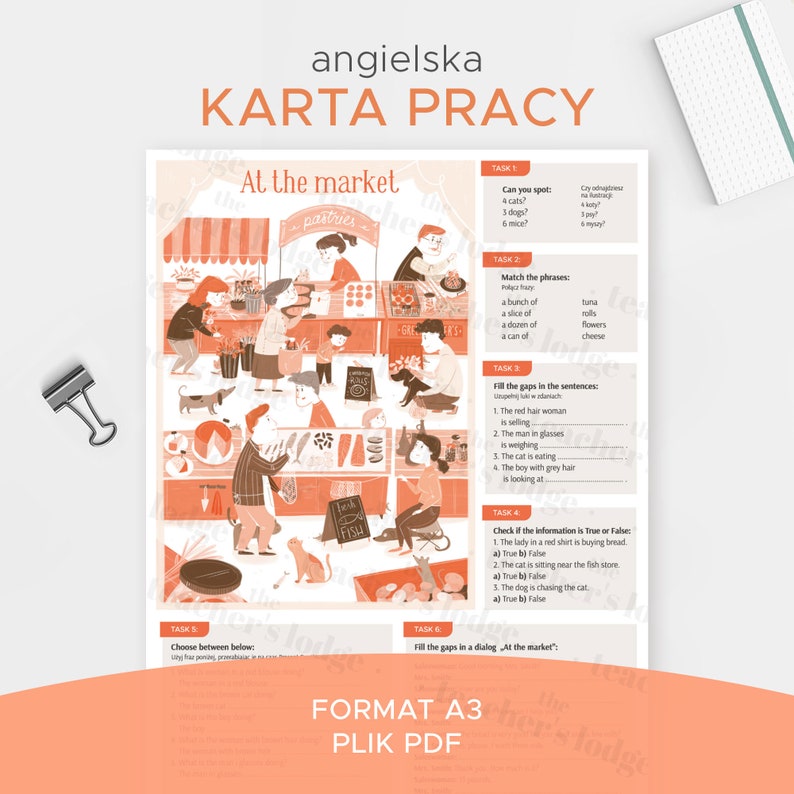 Angielska Karta Pracy, PDF do druku, Format A3, Au marché, Zadania po