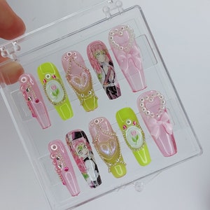 Mitsuri nails | kimetsu no yaiba nails | press on nails | demon slayer nails