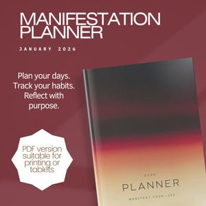 Könnte beinhalten: Ein Planer mit dem Text "MANIFESTATION PLANNER" und "JANUAR 2026". Das Cover hat einen Farbverlauf von Schwarz, Orange und Gelb. Der Text "Plane deine Tage. Verfolge deine Gewohnheiten. Reflektiere mit Absicht." ist ebenfalls sichtbar. Eine PDF-Version ist verfügbar.