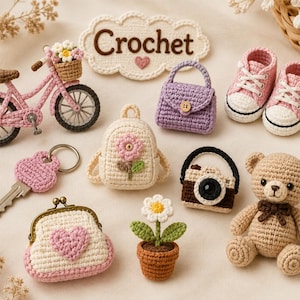May include: A collection of miniature crochet items including a pink bicycle with a flower basket, a purple handbag, pink baby sneakers, a key cover, a beige backpack with a flower, a camera, a heart-shaped coin purse, a potted daisy, and a teddy bear.