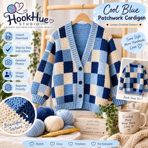 Häkelstrickjacke mit blau-cremefarbenem Schachbrettmuster | Handgefertigter Oma-Strickpullover | Kuschelige Patchwork-Häkeljacke | Unisex