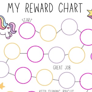 May include: A printable reward chart featuring a unicorn, stars, and balloons. The chart has a path of circles to color in as a child completes tasks. The text on the chart reads "My Reward Chart", "Start", "Nice Work", "Great Job", and "Keep Shining Bright".