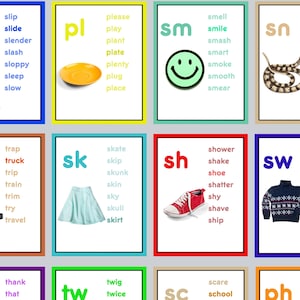 May include: A set of 12 colorful flashcards with different letter combinations and corresponding words. Each card features a letter combination, such as "sl", "pl", "sm", "sn", "tr", "sk", "sh", "sw", "th", "tw", "sc", and "ph", and a list of words that start with that combination. The cards are designed to help children learn phonics.
