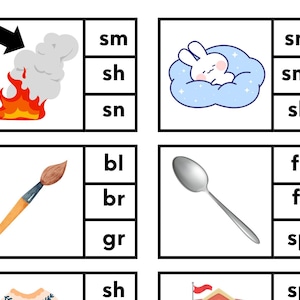 May include: A set of flashcards with images and letter combinations. The images include a fire, a paintbrush, a spoon, a bunny sleeping on a cloud, and a house with a flag. The letter combinations include "sm", "sh", "sn", "bl", "br", "gr", "fr", "fl", "sp", and "sh".