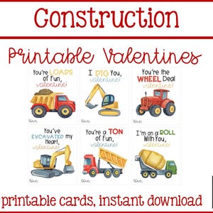 Construction Valentine Cards - Instant Download - Valentine&#39;s Day Cards For Kids - Printable Valentine Cards