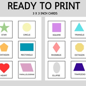 Puede incluir: Un conjunto de tarjetas imprimibles de 7,62 cm x 7,62 cm que presentan diferentes formas geométricas, incluyendo una estrella, un círculo, un cuadrado, un triángulo, un pentágono, un rectángulo, un rombo, un octógono, un paralelogramo, un trapecio, un corazón y una elipse.