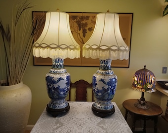 Extravagant Original Designer by "Regina" Cloisonne Lamps with Original Silk - O - Lite rolled rope with 4" Florentine fringe shades.