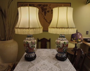 Cloisonné Chinese Lamps Original Design by "Regina "with Original 100% Silk - O - Lite Shades with 4" Florentine fringe.