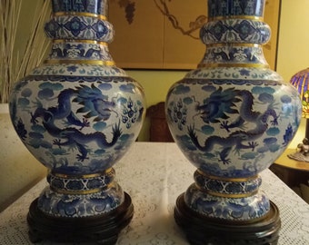 Chinese Cloisonne Vases - Exquisite pair fashioned after the Ming Dynasty motif. These extremely large vases are very rare to find.